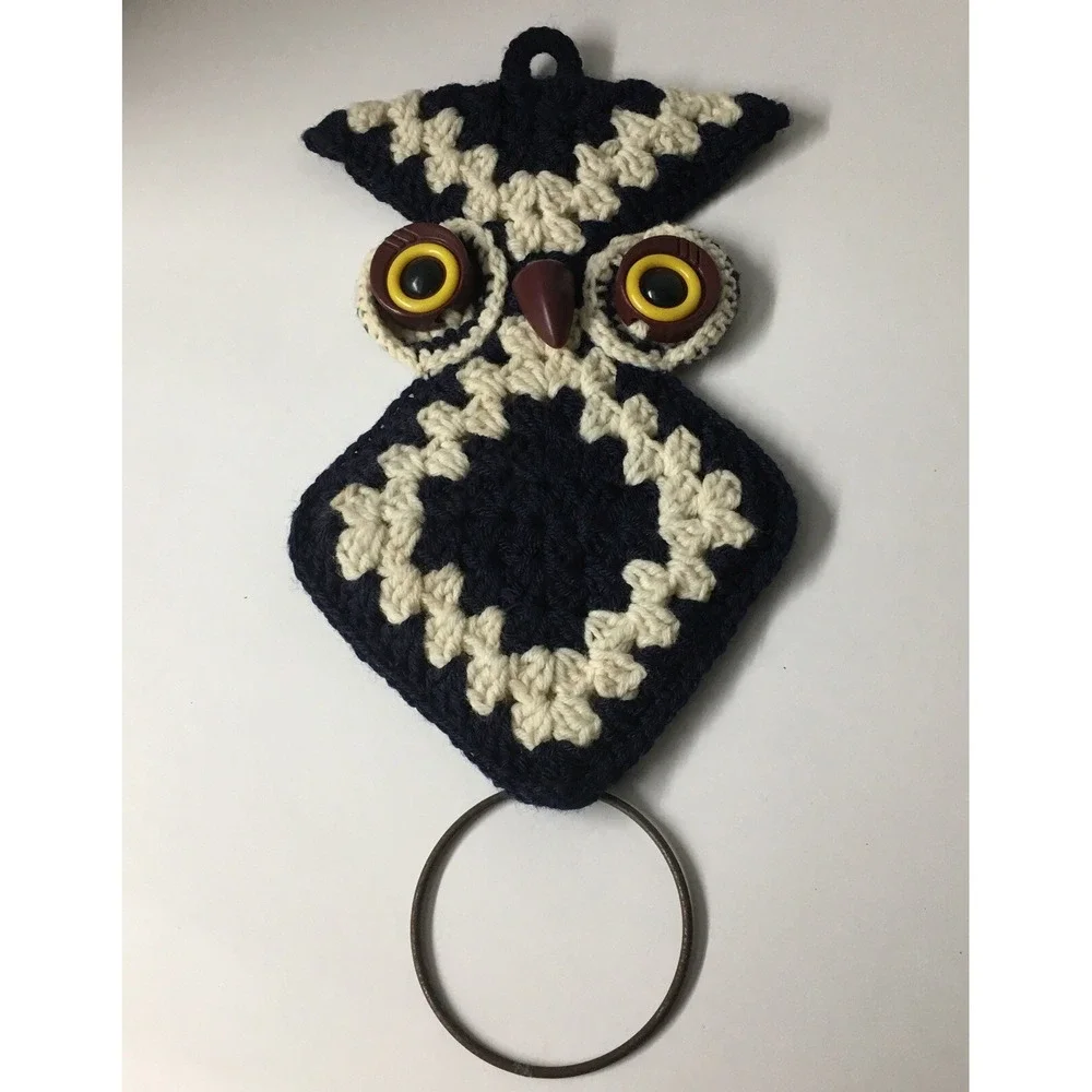 Vintage Crochet Navy‎ White Brown 70s Owl Wall Hanging Towel Holder Boho MCM